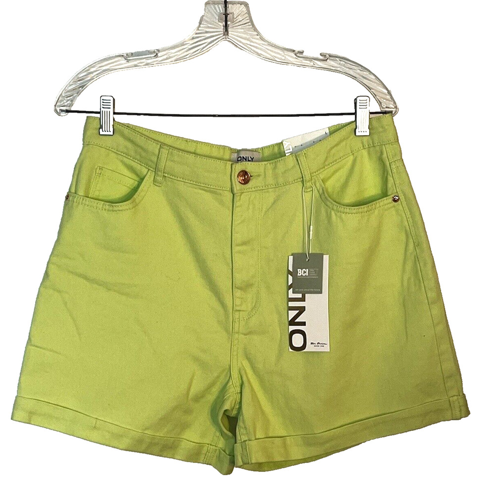 Only Vega Women's Shorts NWT SZ L Chartreuse Denim Mom Fit Summer Lime EUR